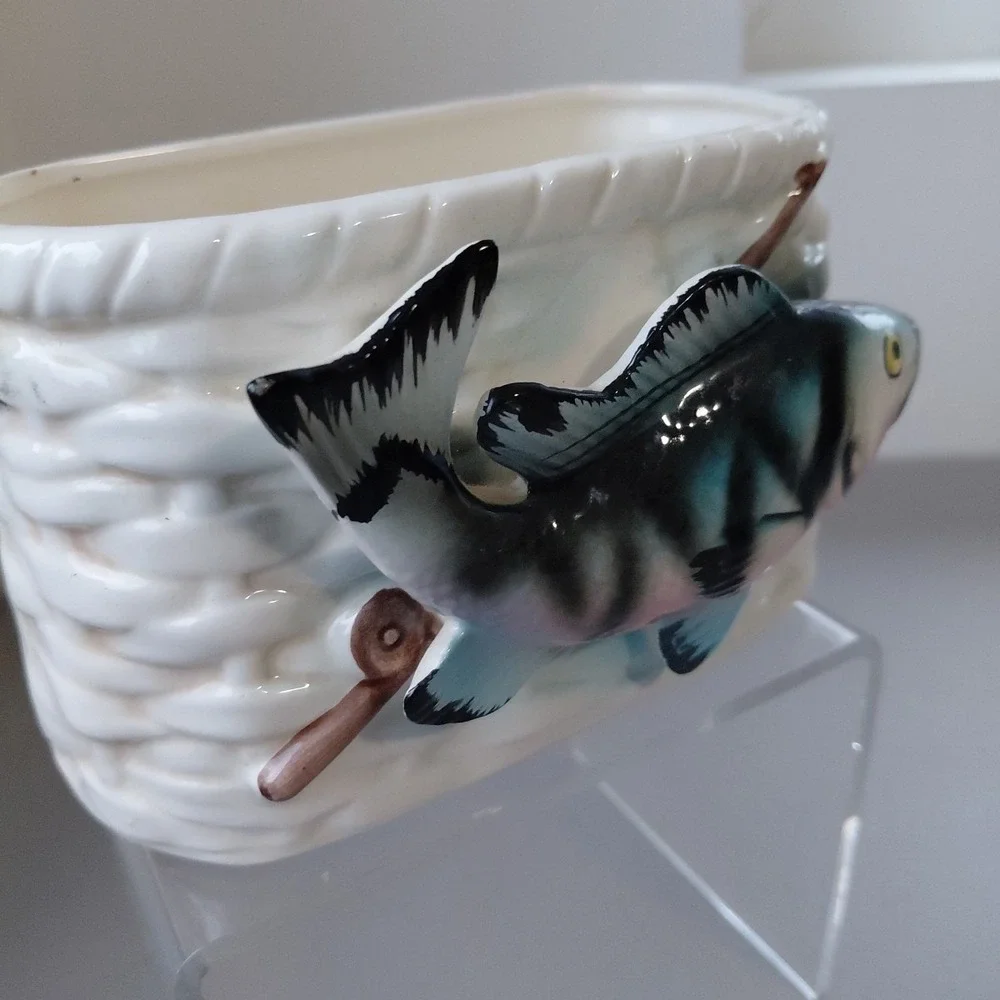 VTG 3D Ceramic Trout Salmon Planter Trinket Sportsman Fishing‎ Rod MCM Man Cave